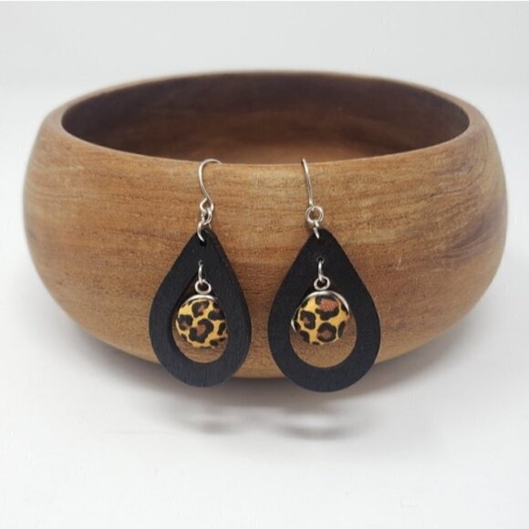 New Handmade | Leopard Tear Drop Wooden Earrings - Picture 1 of 3
